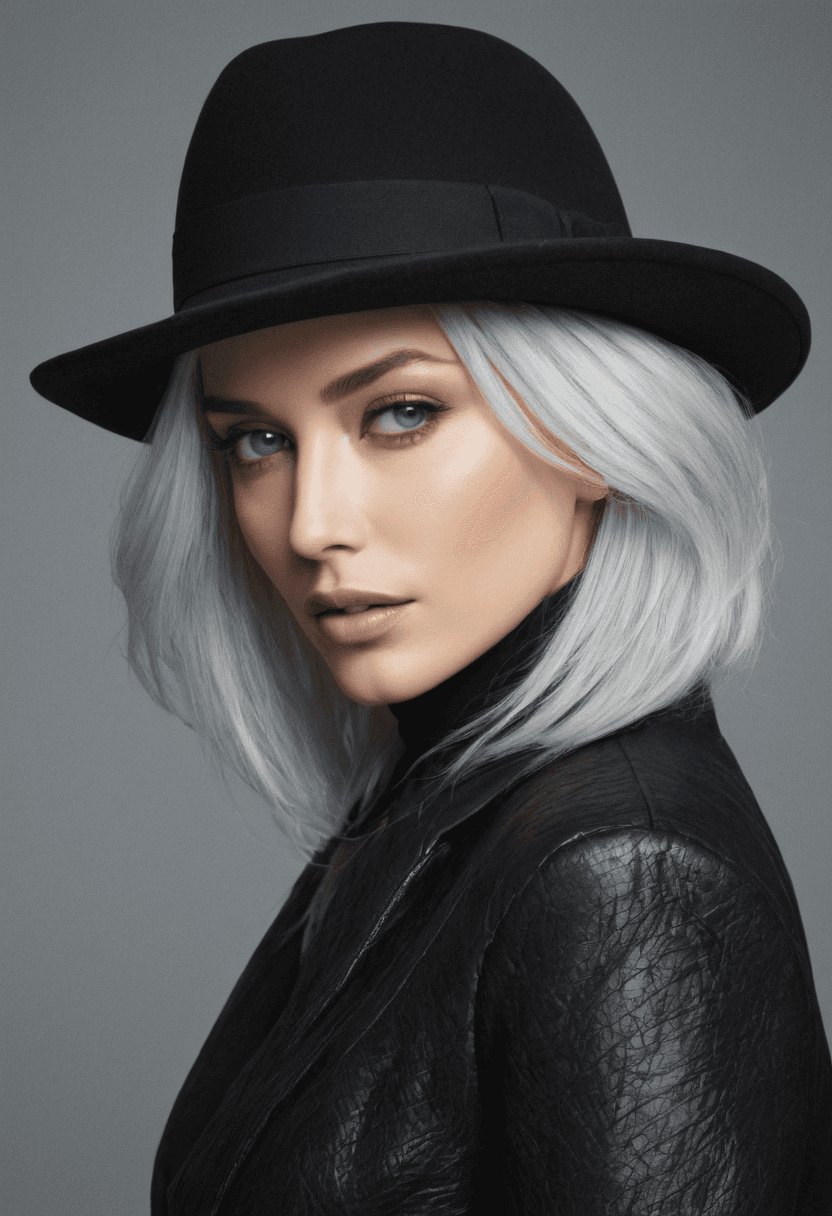 AI generated: A woman with white hair wearing a form-fitting black jacket and a stylish hat, showcasing a unique m...