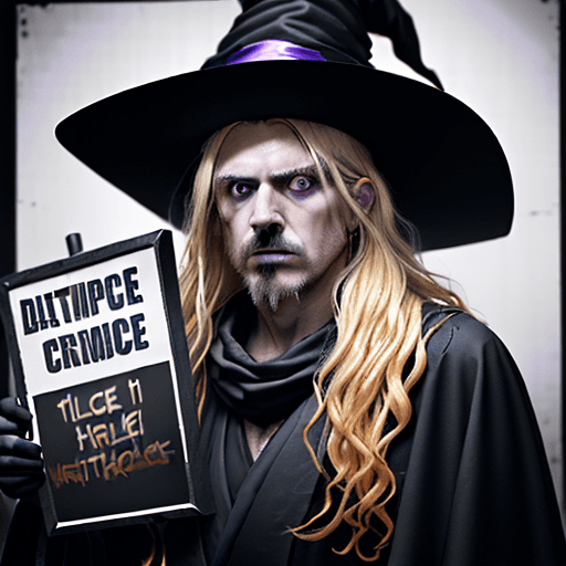 AI generated: A surprised man with long, messy blonde hair dressed as a witch with a hat, wearing a black robe wit...