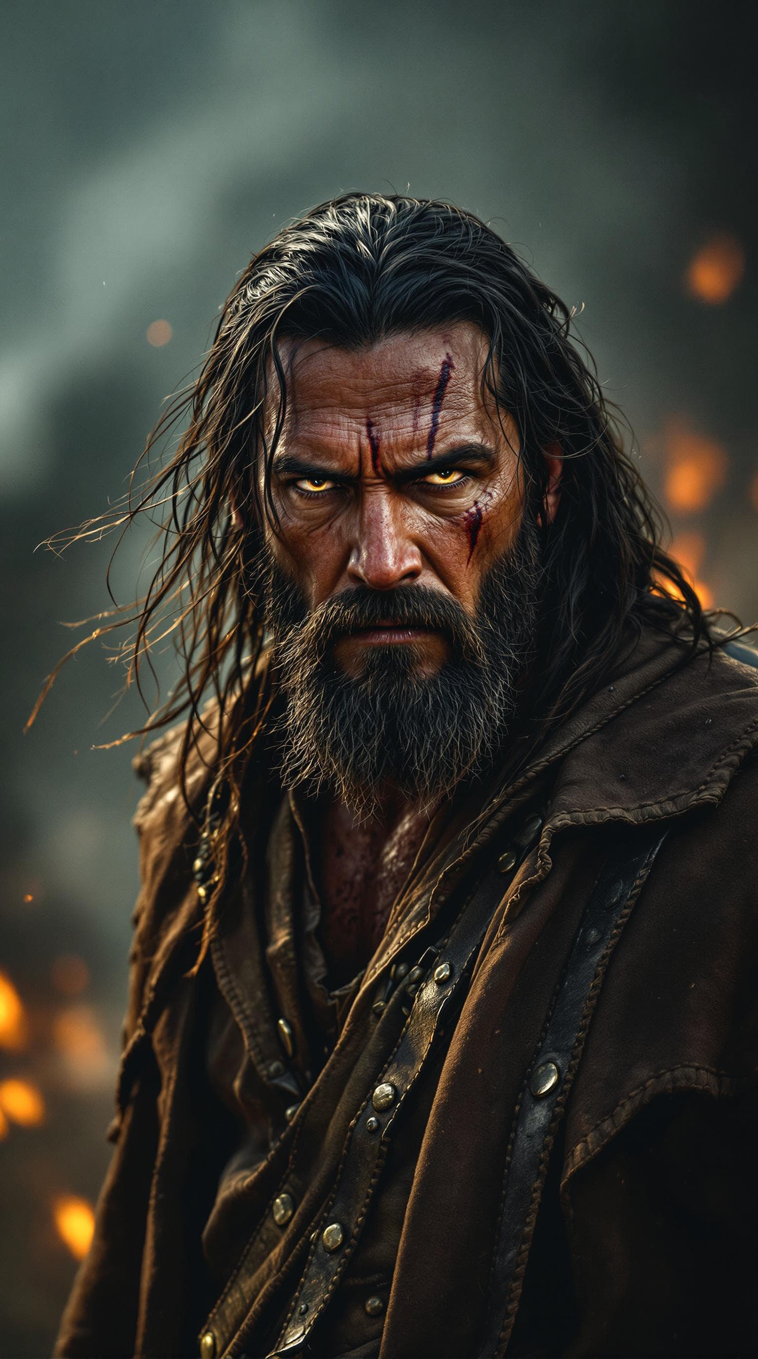 AI generated: A rugged Indian man with long, wavy hair and a thick beard, wearing a battle-worn leather jacket and...