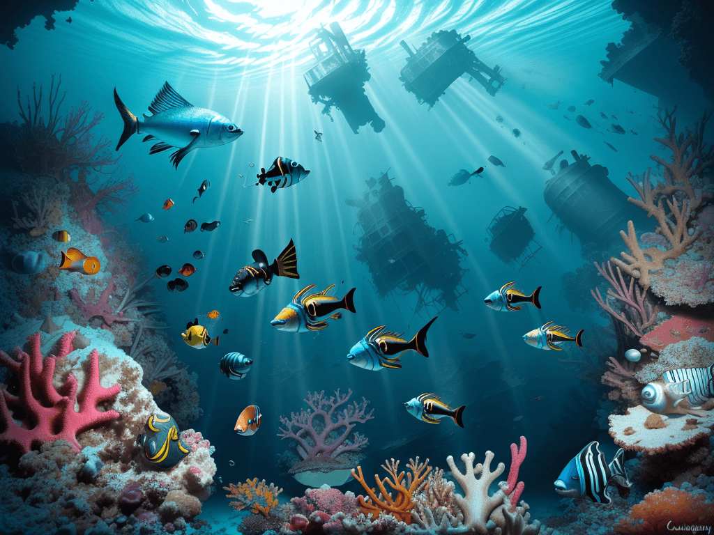 AI generated: Hyper realistic diving photo of caribbean sea, wreck, flashy fishes, daylight, indirect lighting, , ...