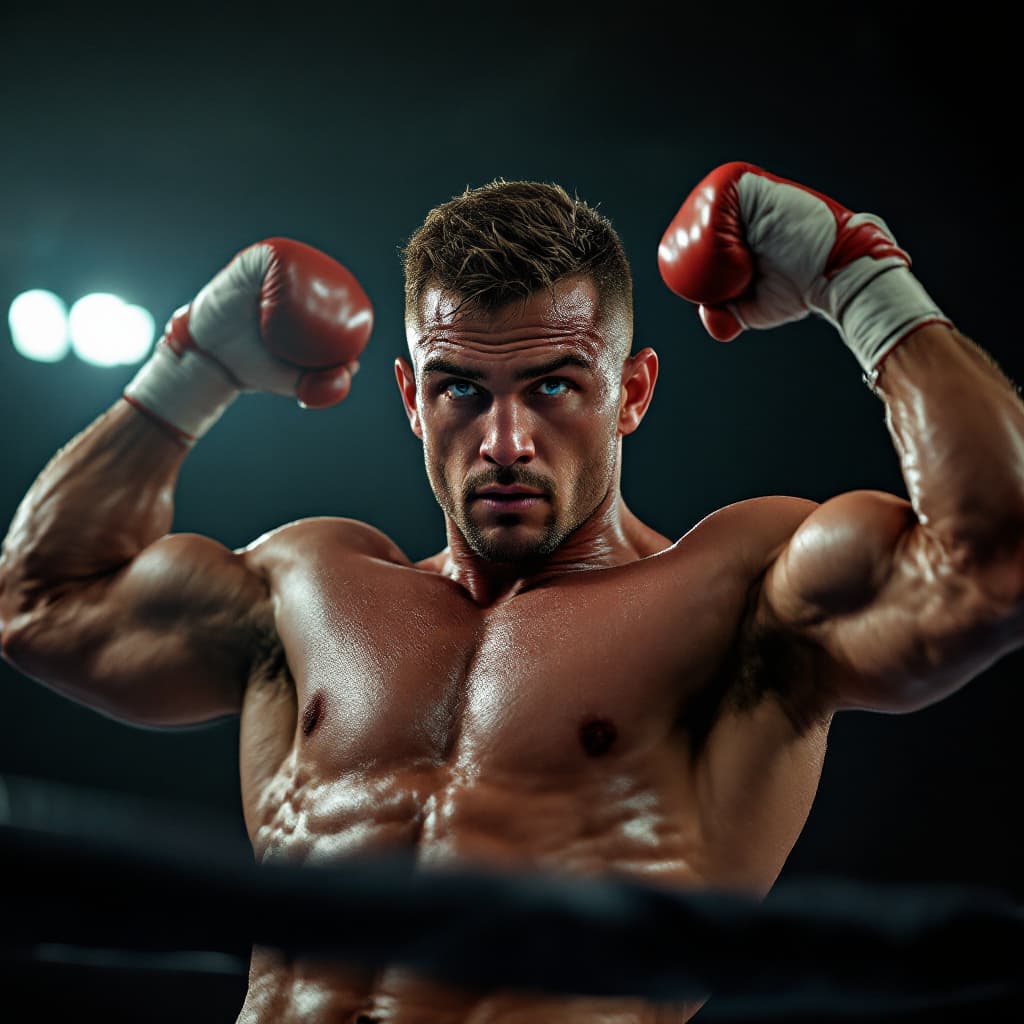 AI generated: photograph,a muscular boxer in the ring flexes his chiseled biceps, sweat glistening under the brigh...