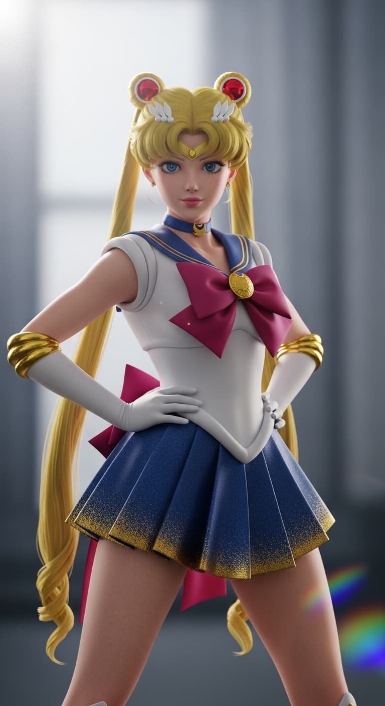 AI generated: Sailor Moon, SUPER HERO STANCE, looking at viewer, portrait, photography, detailed skin, realistic, ...
