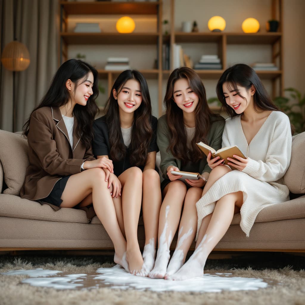 AI generated: 4 adults female students chatting and studying in a living room. Asians students. College uniforms b...