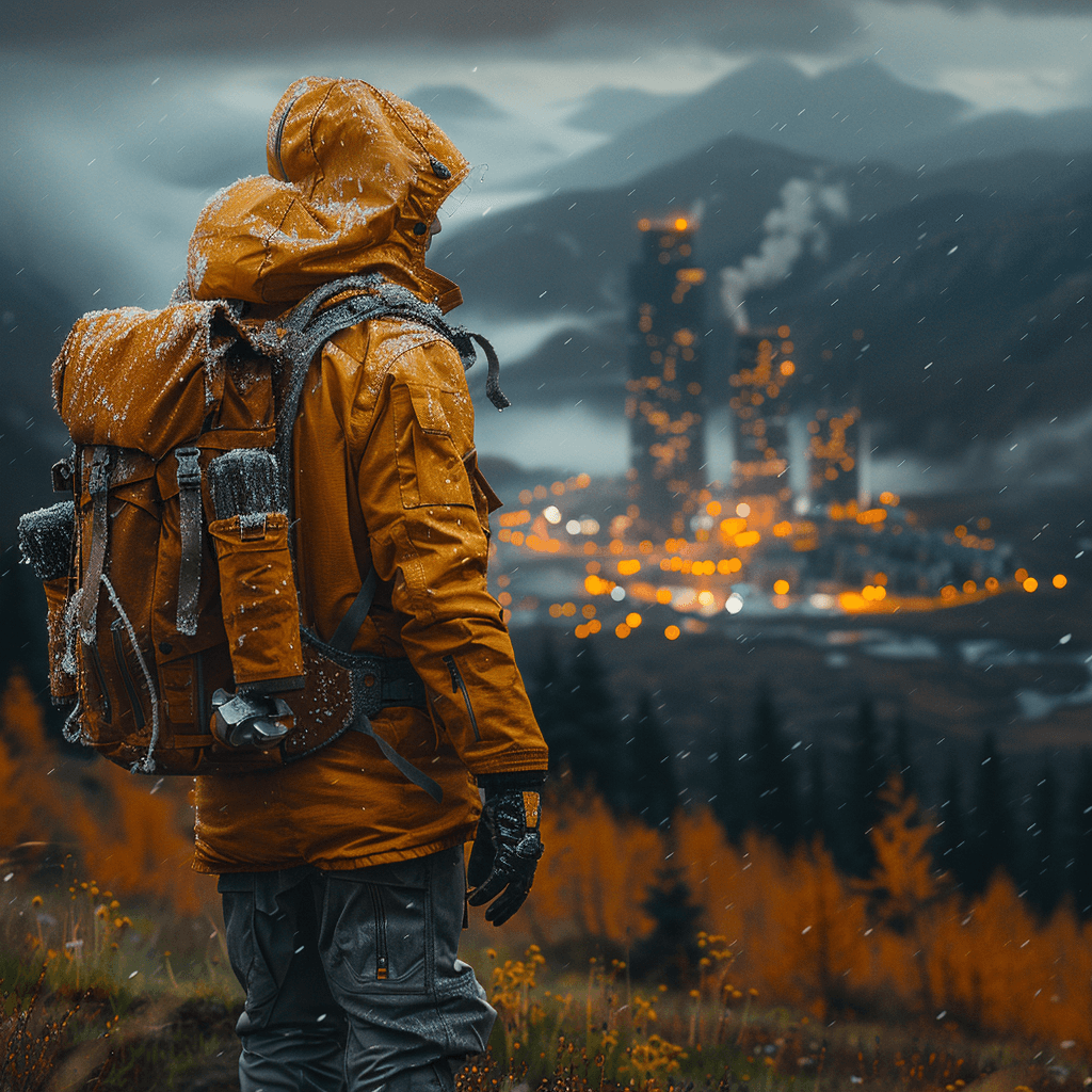 AI generated: an old man dressed in a futuristic yellow down jacket, gray pants, stands in a field, looks at a cit...