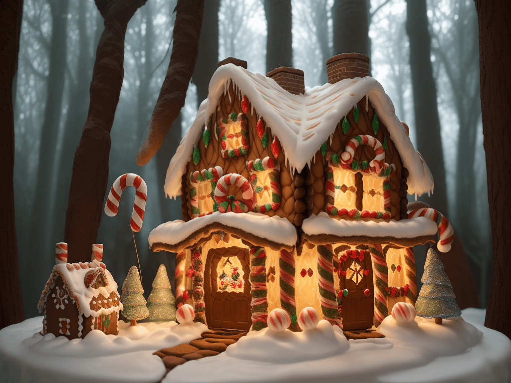 AI generated: Enchanting image, Gingerbread house in a magical forest clearing, House made entirely of gingerbread...