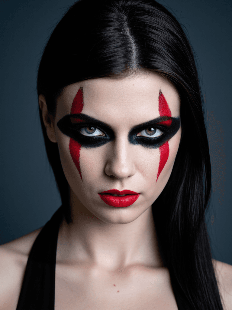 AI generated:  fine art portrait of a woman with dark, expressive makeup resembling abstract shapes around her eye...