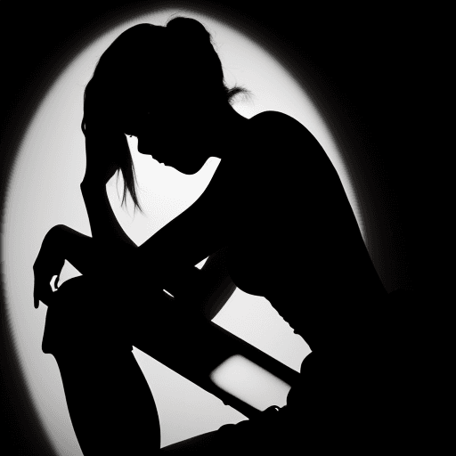 AI generated: A silhouette seated in front of a camera, contemplating, against a black background, backlit, a char...