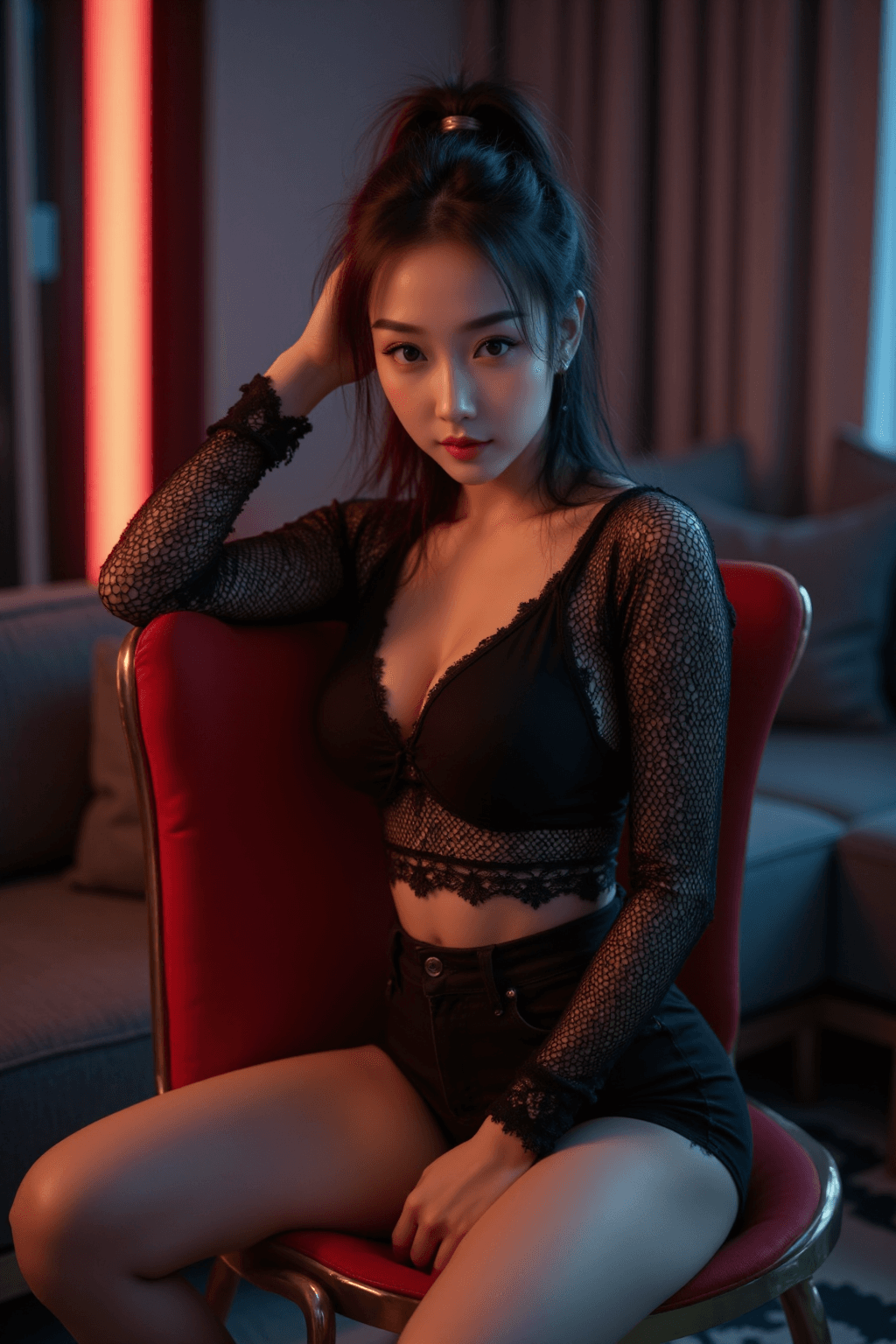 AI generated: A highly-detailed, photorealistic, cinematic portrait of a stunning young East Asian woman sitting s...