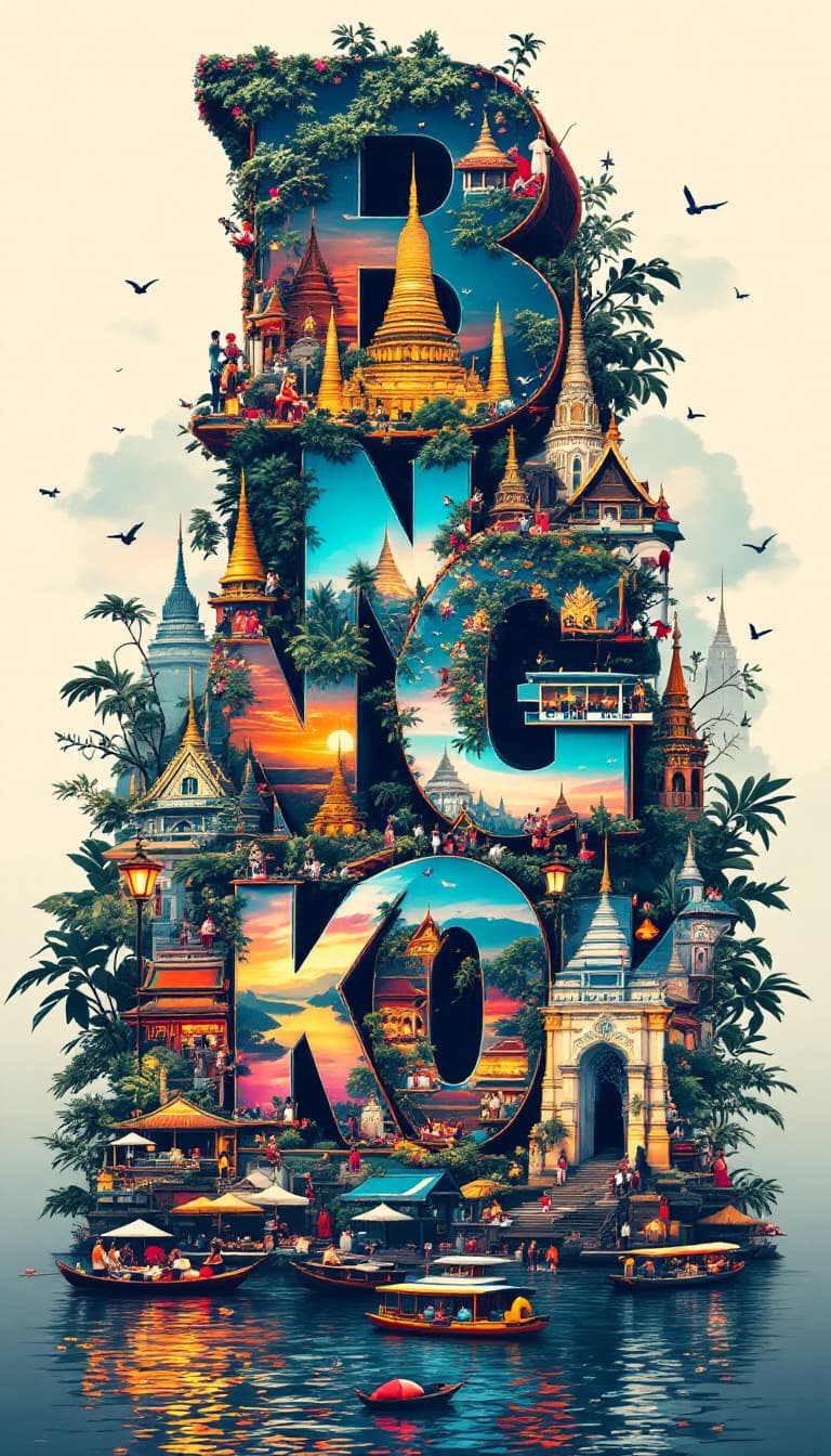 AI generated: A striking, high-contrast cinematic photo-style vertical collage that captures the essence of Bangko...