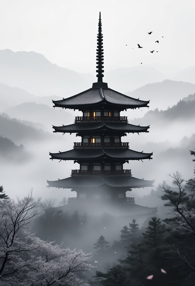 AI generated: Traditional Japanese pagoda standing tall in a foggy mountain valley, centered mid range view Leave ...