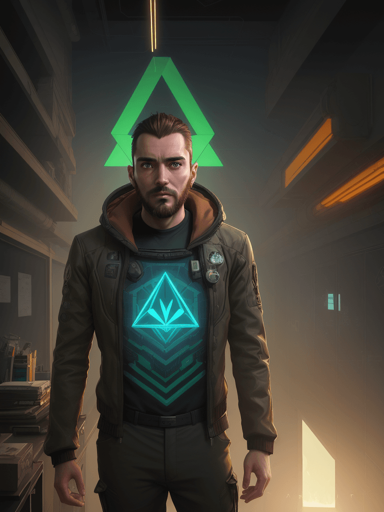 AI generated: an argentian 34 year old man with a short beard, green and brown eyes, futuristic background at suns...