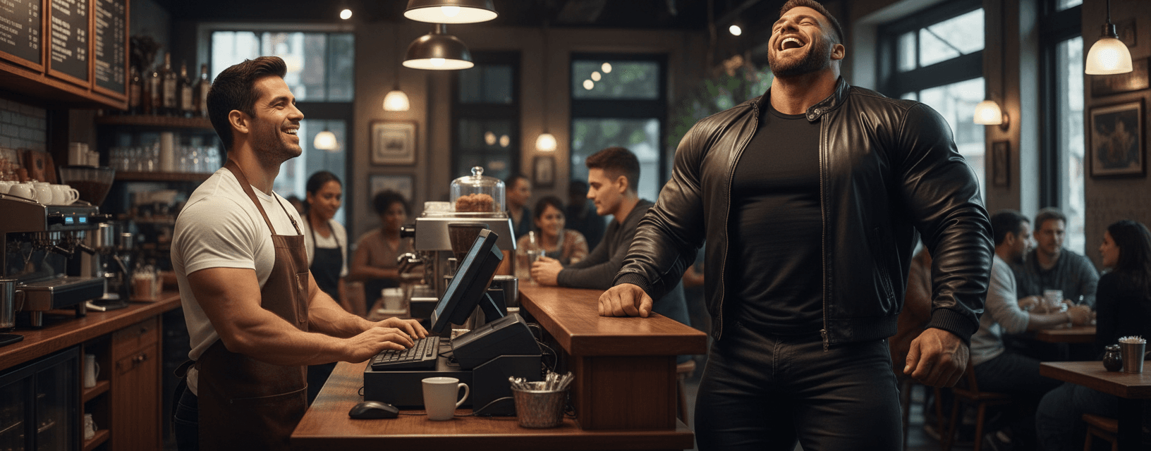 AI generated: Male Hispanic barista 5'2" tall, at a coffee shop behind the counter typing on the computer-register...