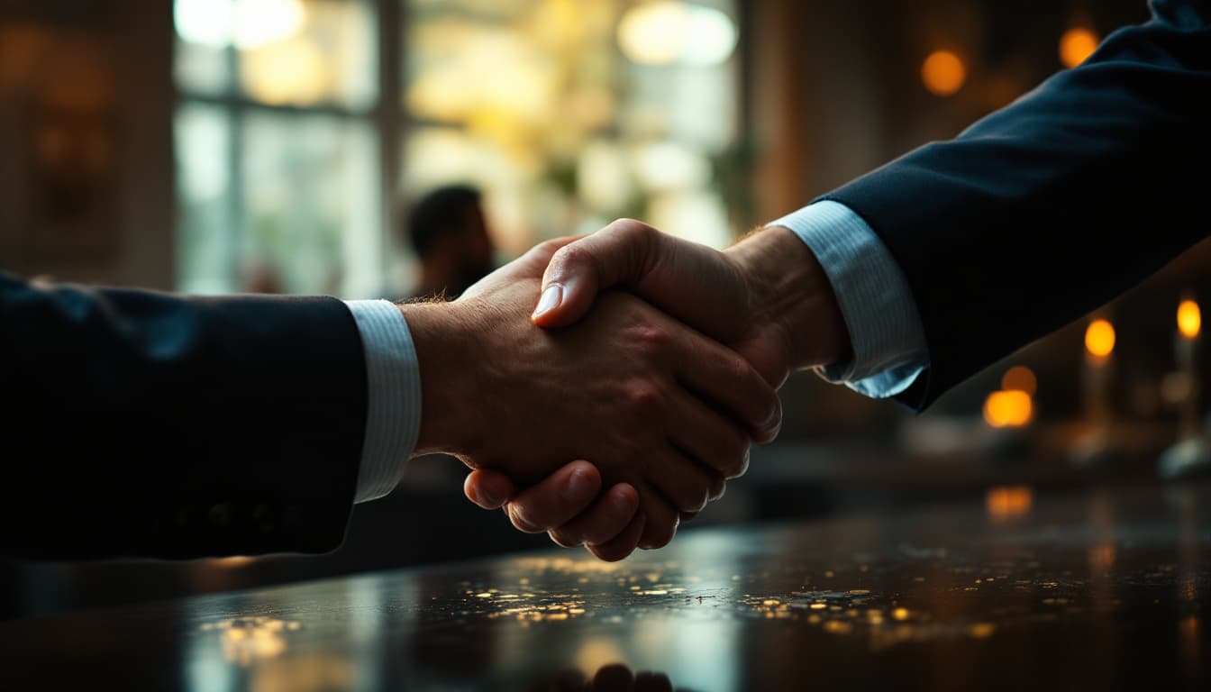AI generated: 
Dramatic scene of two clients celebrating success, two people shaking hands, surrealism, high defin...