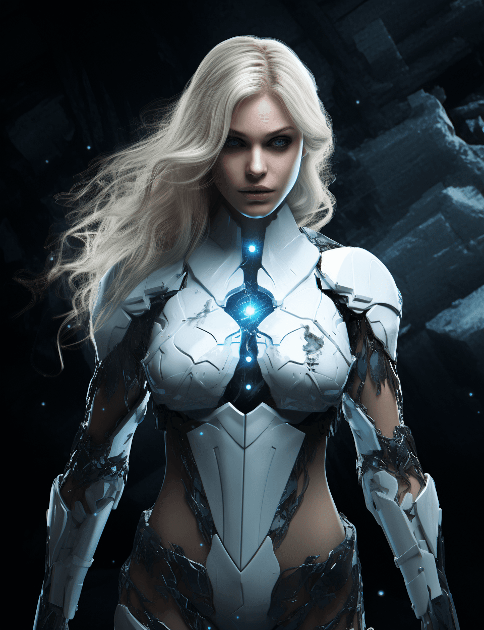 AI generated: A white blond girl with blonde hair wearing her on top, in the style of frostpunk, dark azure and wh...