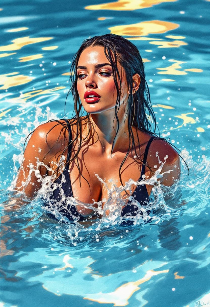 AI generated: Sketch Art, Beautiful Colored Pencil Line, Artistic Brush Strokes, Beautiful, Woman Swimming, Outdoo...