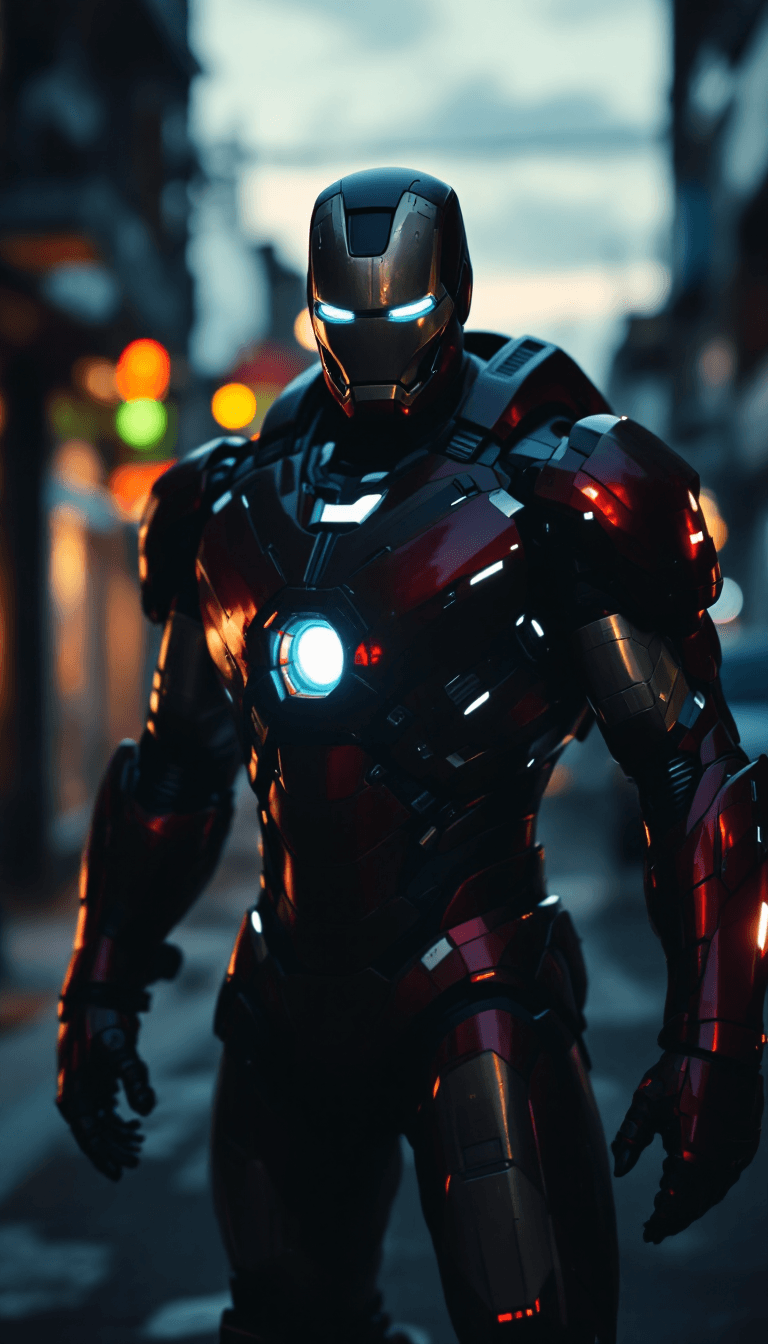 AI generated: Cinematic photography of a realistic Iron Man in a grounded urban environment at dusk, wearing a red...