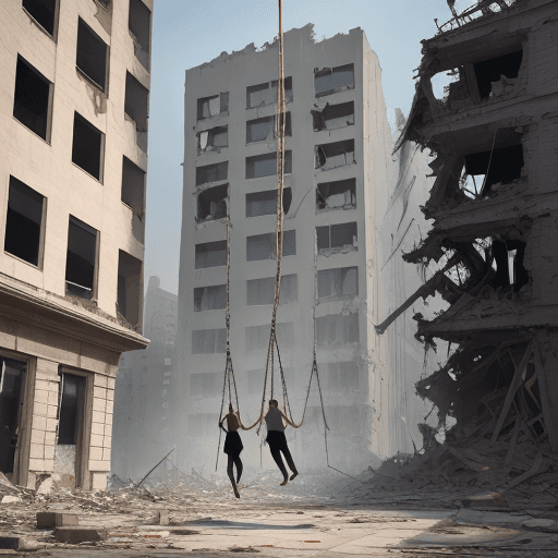 AI generated: art, Destroyed buildings, swing, people walk