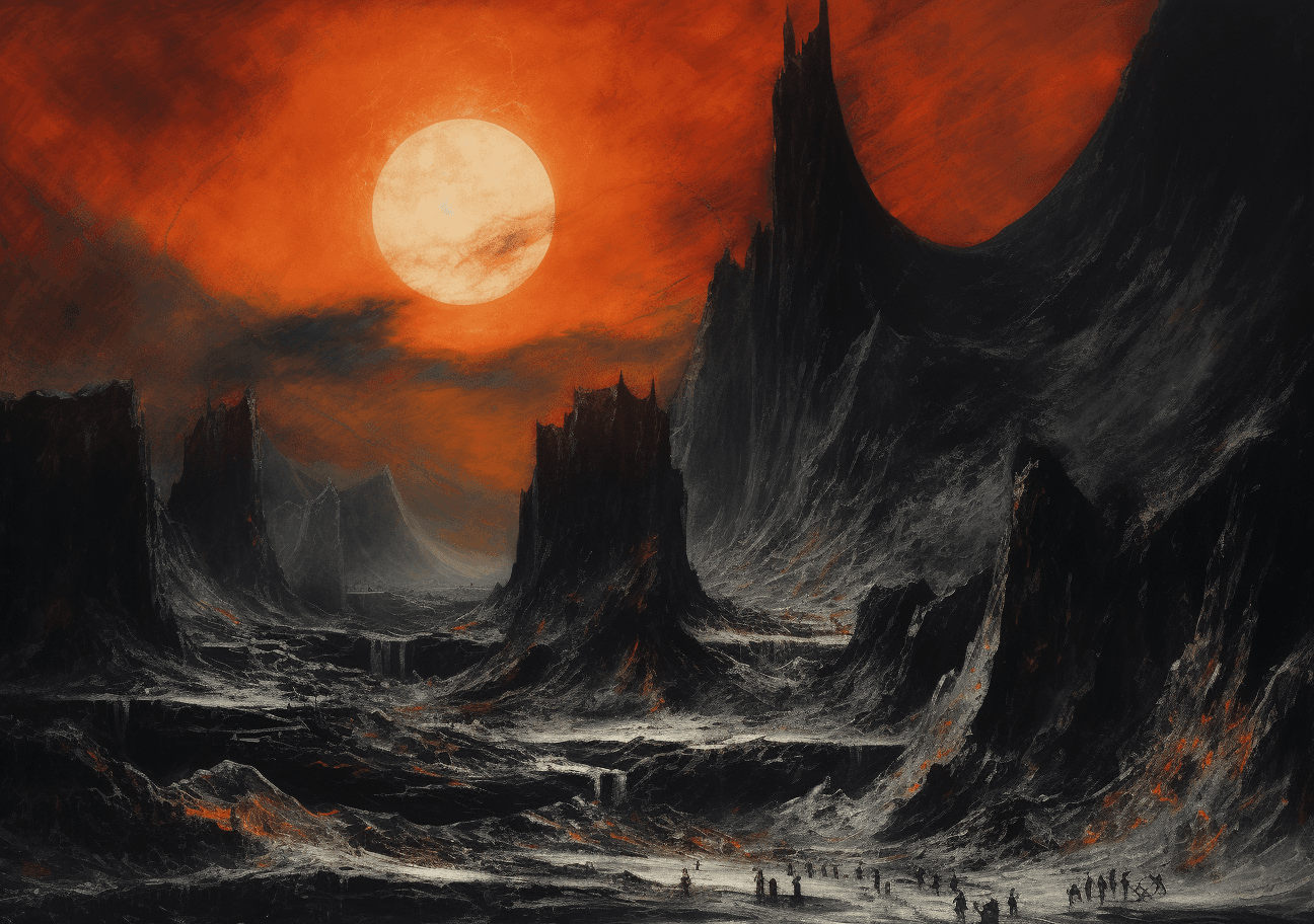 AI generated: A black sun in the sky, atop tall mountains made from chalcedony with orange and white veins, a thin...