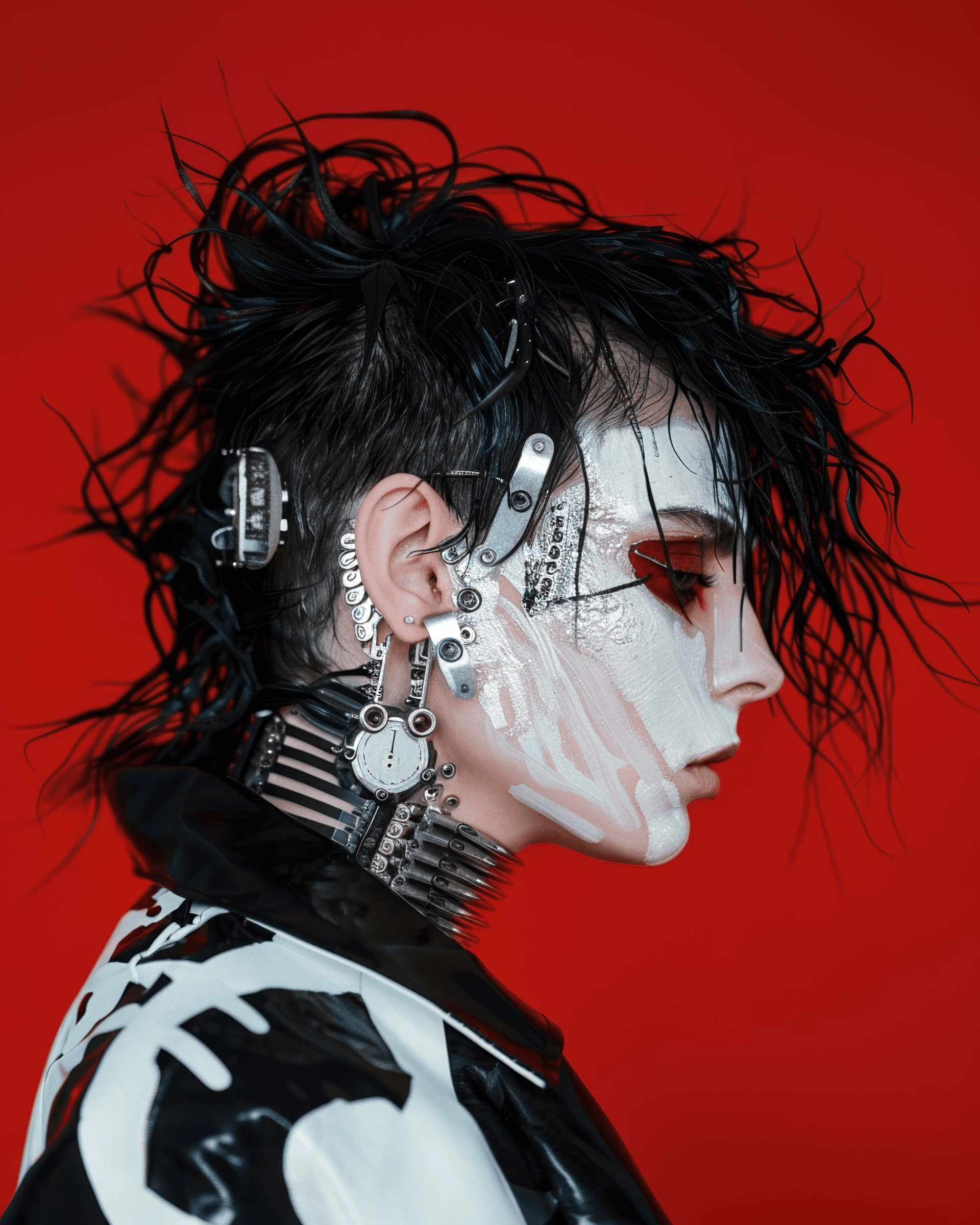 AI generated: A portrait of an Swedish woman with cybernetic implants and black hair, wearing chrome makeup on her...