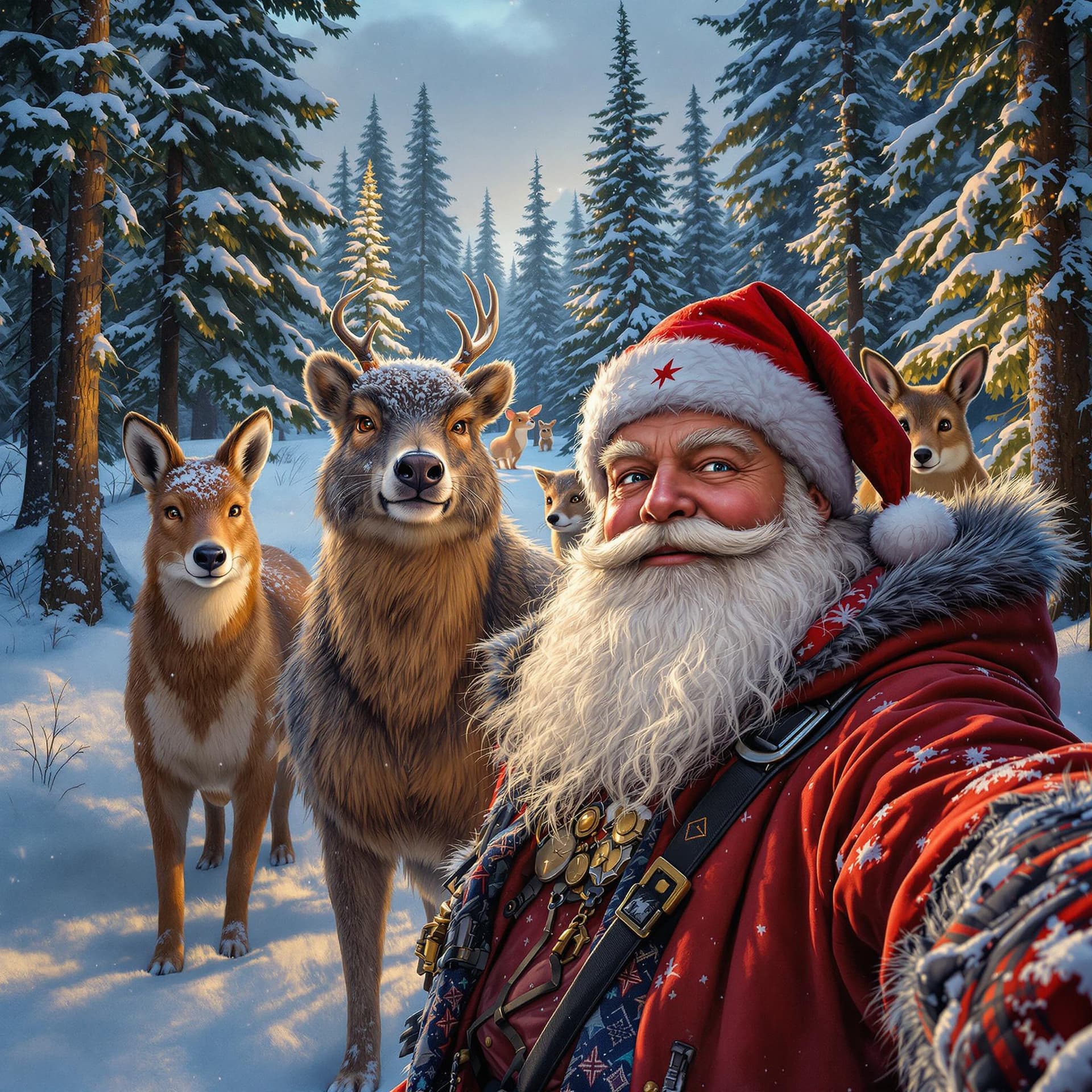 AI generated: In the winter forest, there is an field with many forest animals standing on it. Santa Claus wearing...