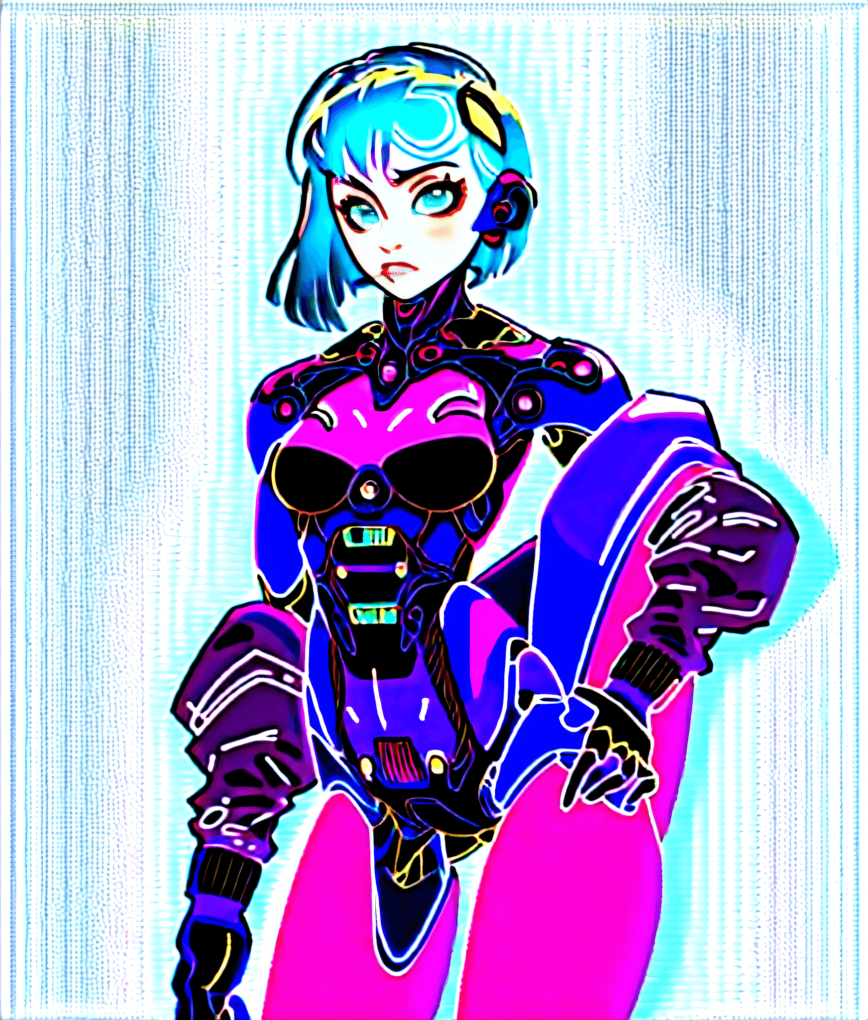 AI generated: a cartoon image of a woman with blue hair and a purple outfit, cute cyborg girl, cyberpunk art style...