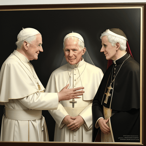 AI generated: Realist photo. Poster of the last 3 popes in Saint Paul basilic: John Paul II, Benedict XVI and Fran...
