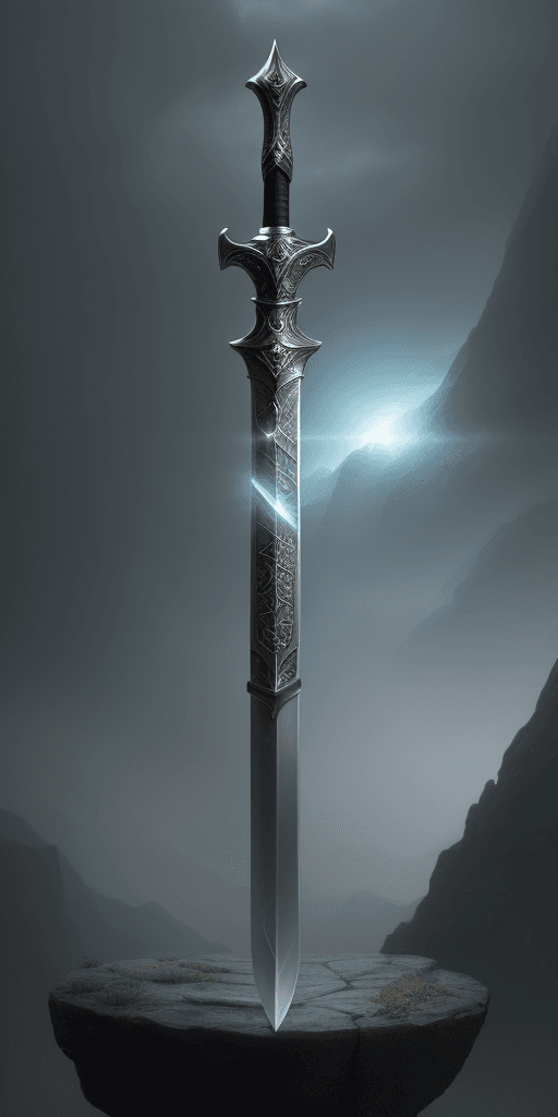 AI generated: Realistic sword with fantasy like lighting and background, super inspirational with lighting in sky
