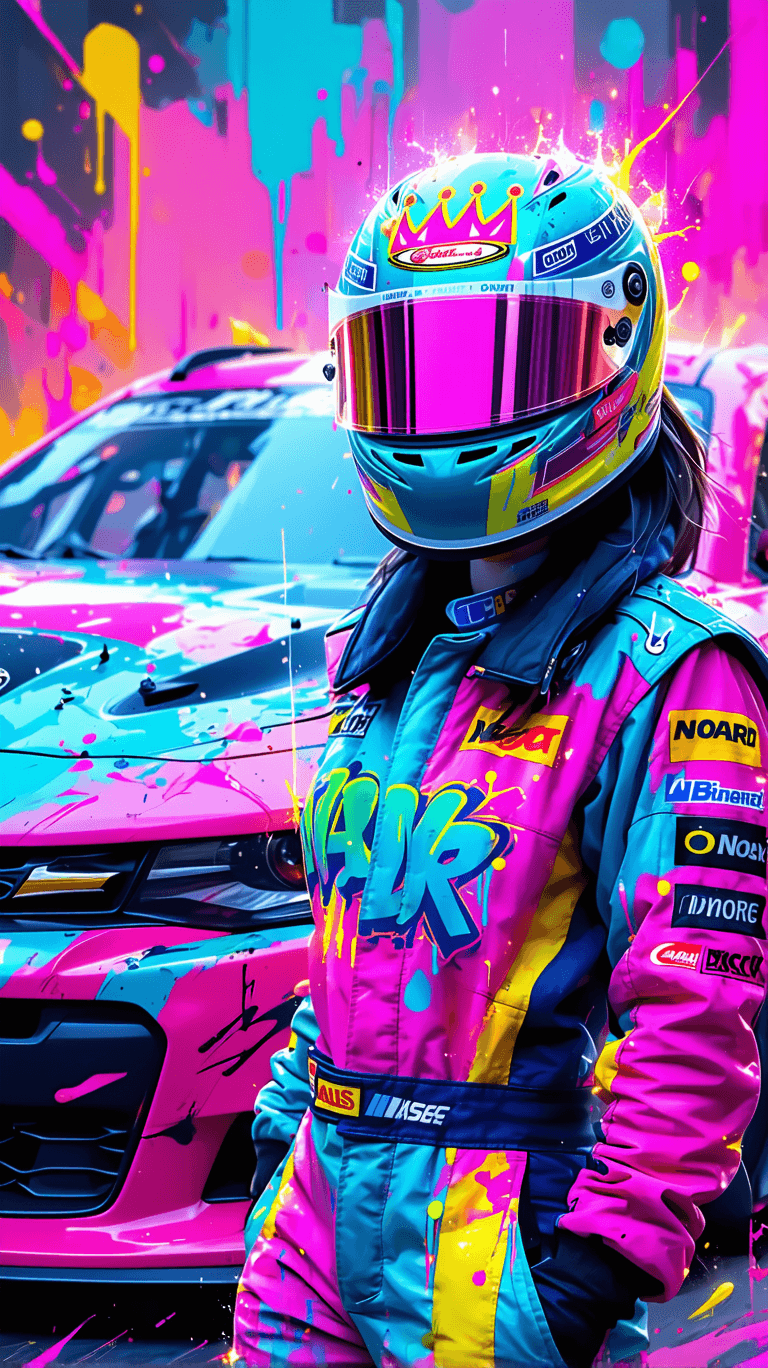 AI generated: A female NASCAR racer standing confidently next to a retro-inspired race car covered in neon graffit...