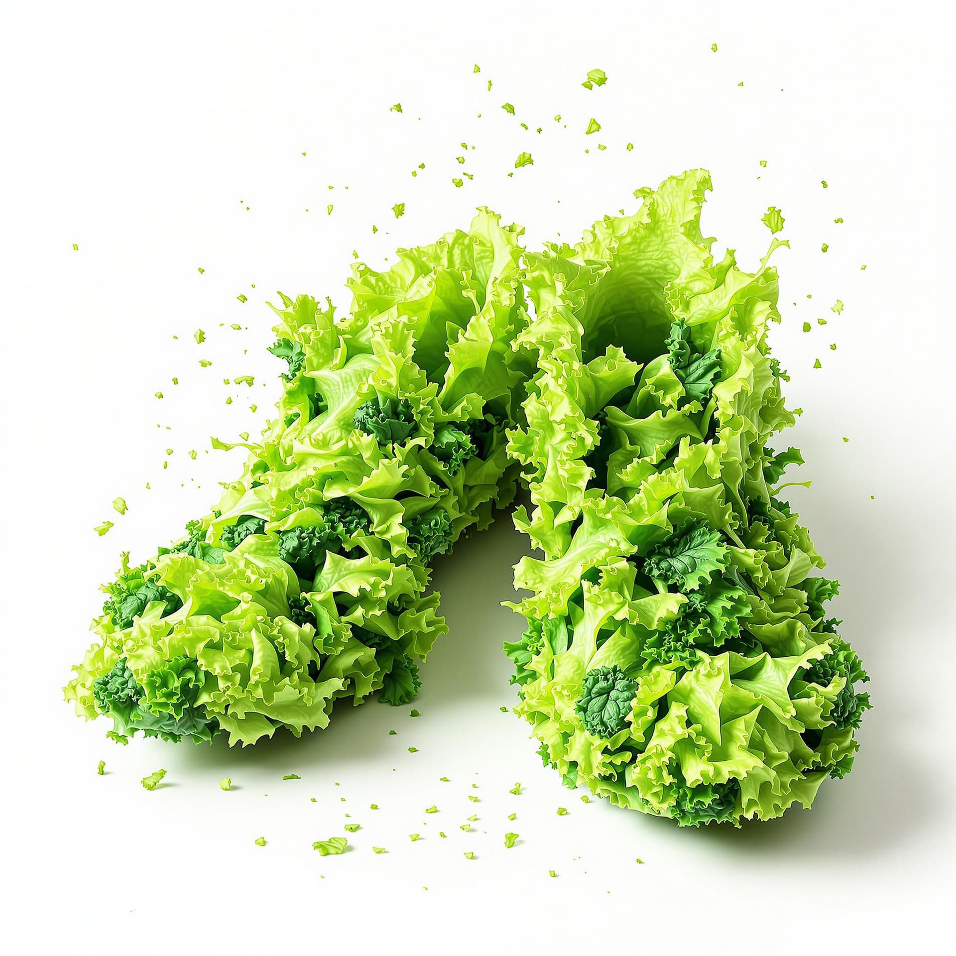 AI generated: a pair of surreal raw lettuce salad shoes made of splashy raw Lettuce structure (Spinach) raw green ...