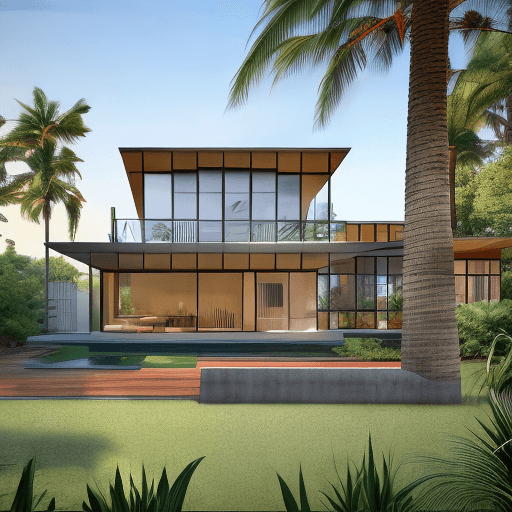 AI generated: Hyper realistic eye level exterior photo of a mid century modern style house overlooking the ocean, ...