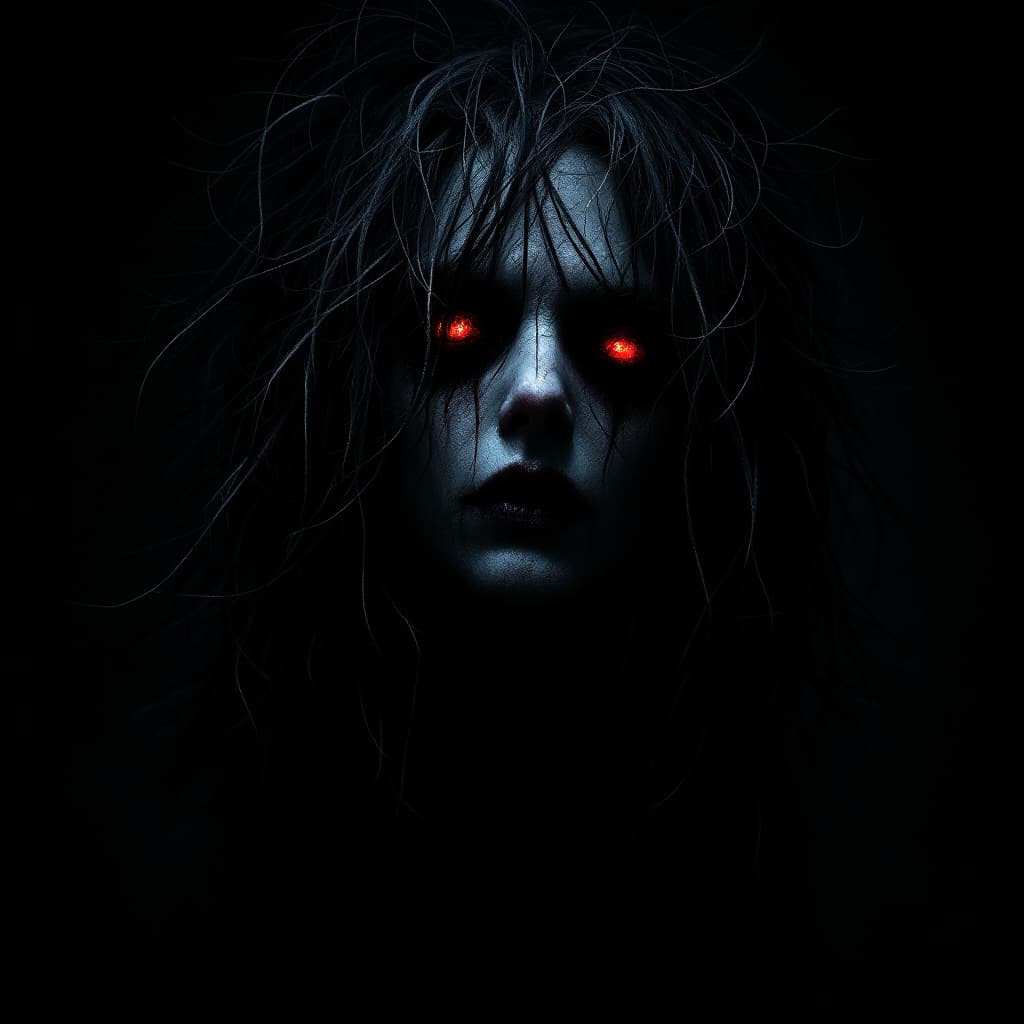 AI generated: in darkness, dark, alice madness, demon eyes, long mess hair, disfigured, brutal composition, depres...