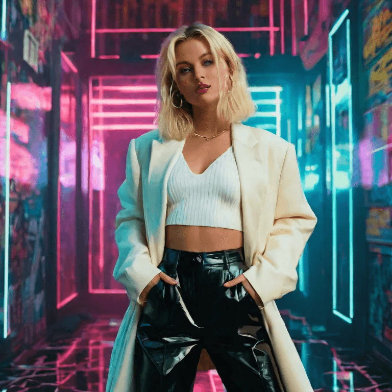 AI generated: A Blonde woman, full-body shot, fully dressed, '90s aesthetic, immersive background, Visual complexi...