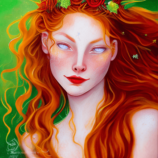 AI generated: /imagine prompt: color photo of a fiery-haired woman with piercing green eyes, her locks cascading i...