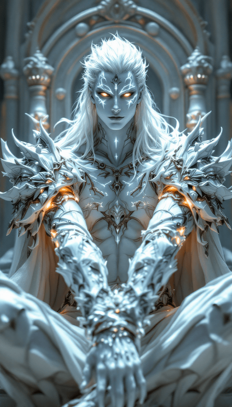 AI generated: all white, white final fantasy, male, mage, white body skin, fantasy big white color full body fanta...