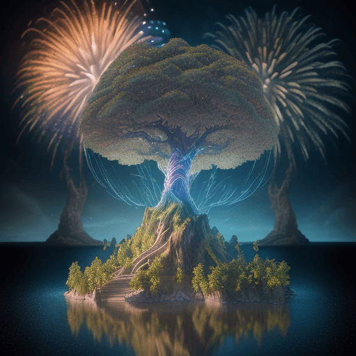 AI generated: 100 mm shot, cinematic shot, award winning CGI, perfect angle, (island Yggdrasil tree, middle of the...