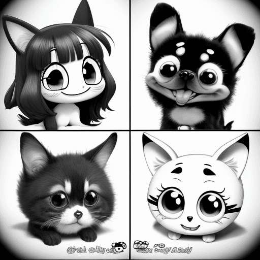 AI generated: Cute pets, cartoons, anime, big smiles,{{{{{{black and white style}}}}}}