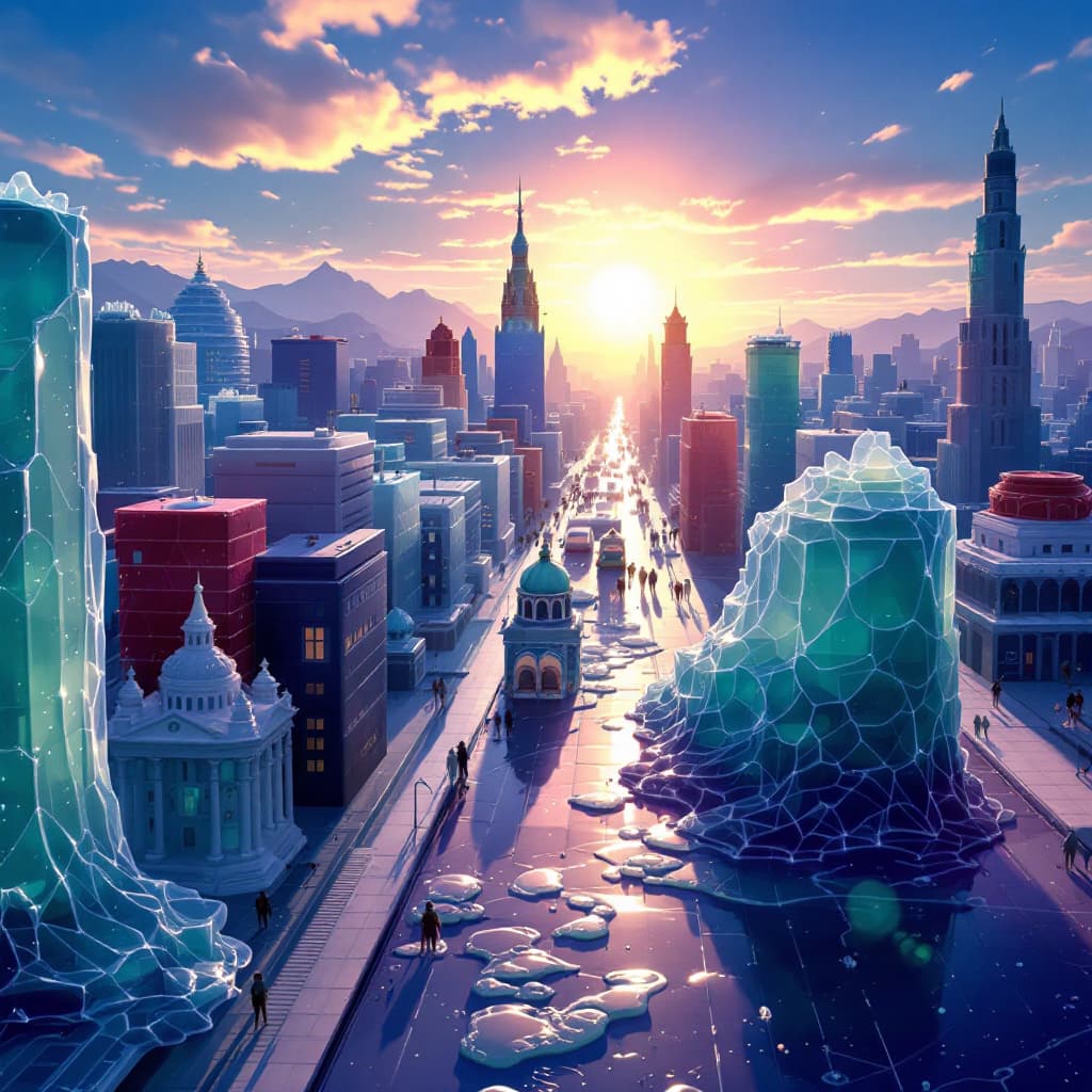 AI generated: a city  made of jello, it is late afternoon.