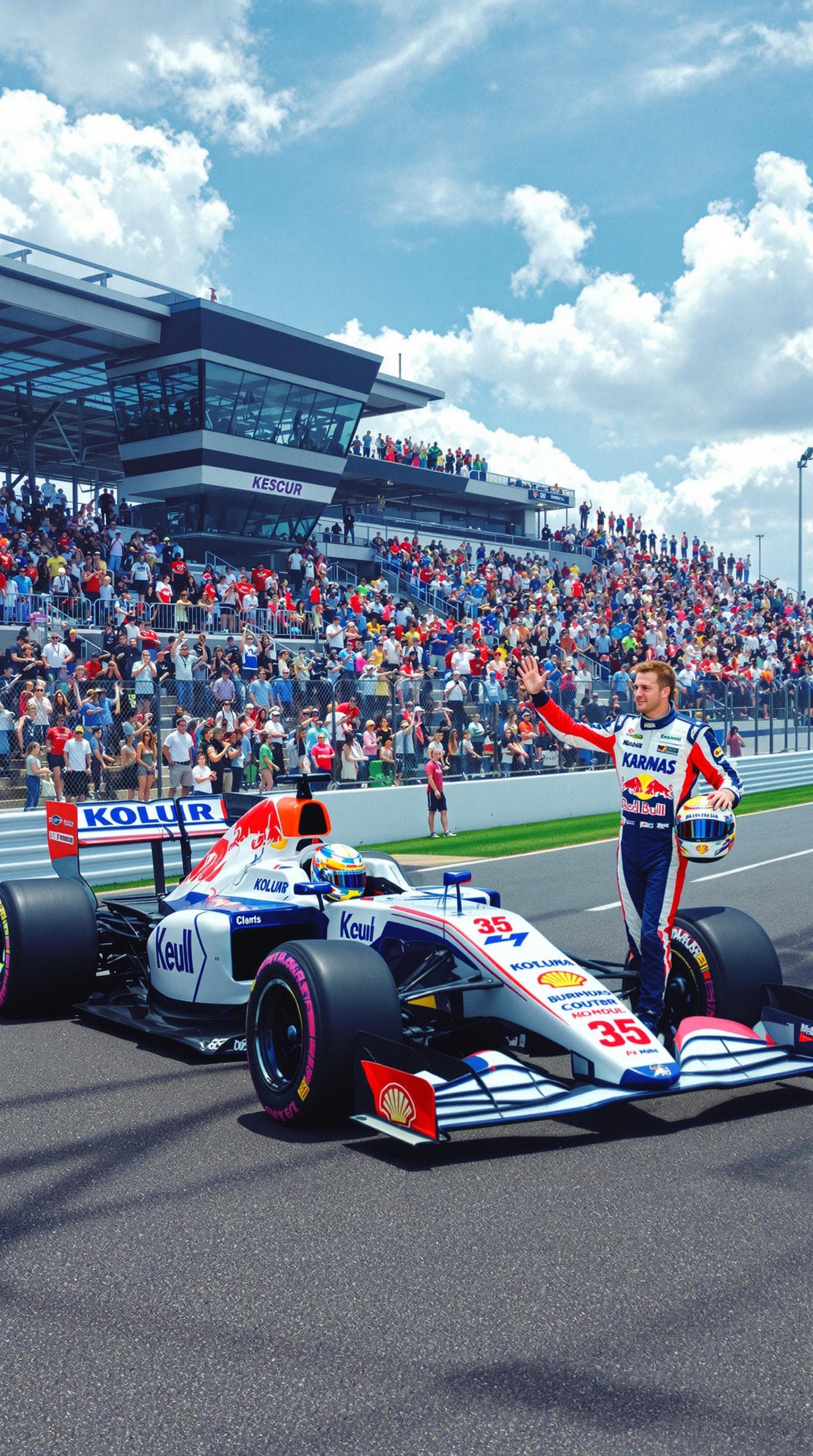 AI generated: Summer. On the race track there is a racing car with the logos of its club on the sides. A racing dr...