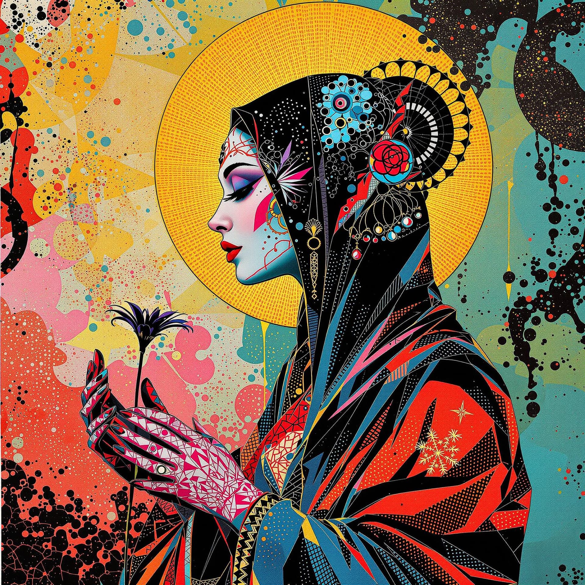 AI generated: Colour portrait, side angle, elemental with halo, Kalighat glitchore, art screen print, Silvia Pelis...
