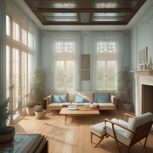 AI generated: High resolution photography interior design, dreamy sunken living room conversation pit, wooden floo...