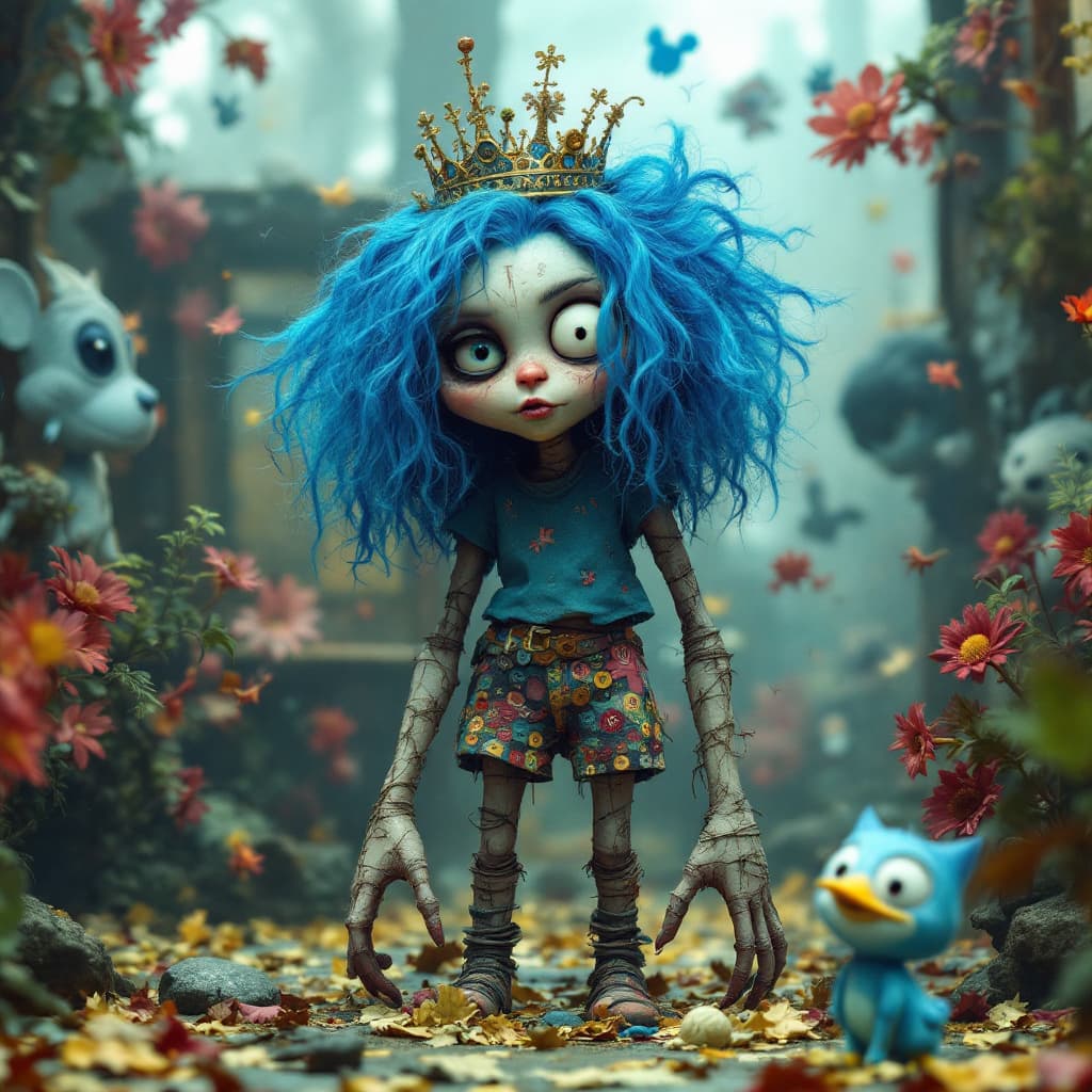 AI generated: In a surreal and unsettling scene, a character stands out with a bizarre charm, adorned with vibrant...