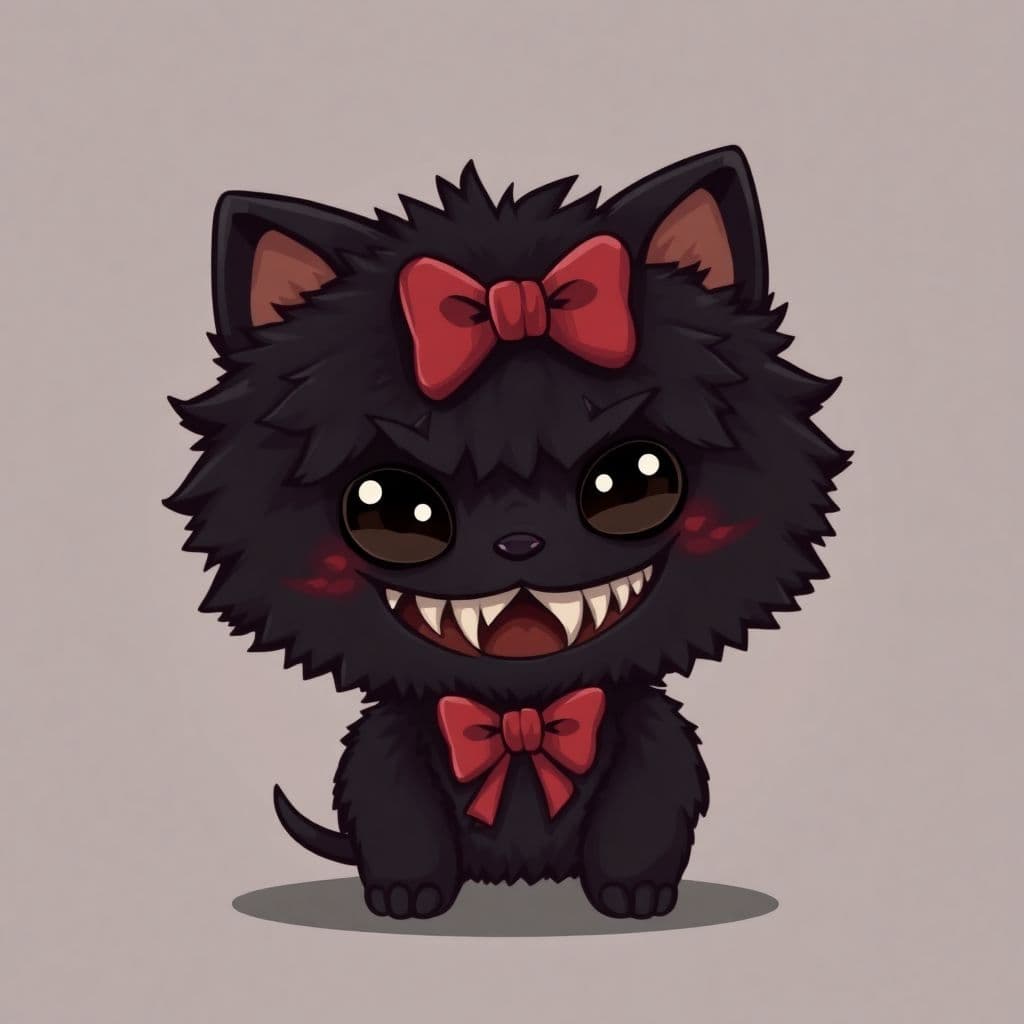 AI generated: Cute but cursed chibi monster concept, round black fluffy cat-like creature, tiny red bowtie, innoce...