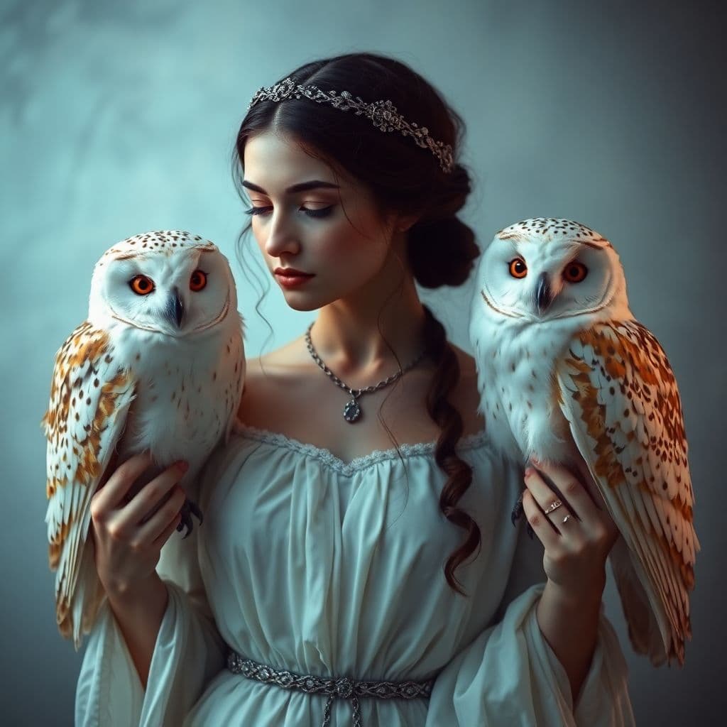 AI generated: images of woman with her owls, in the style of ethereal beauty, porcelain, dark white and light azur...