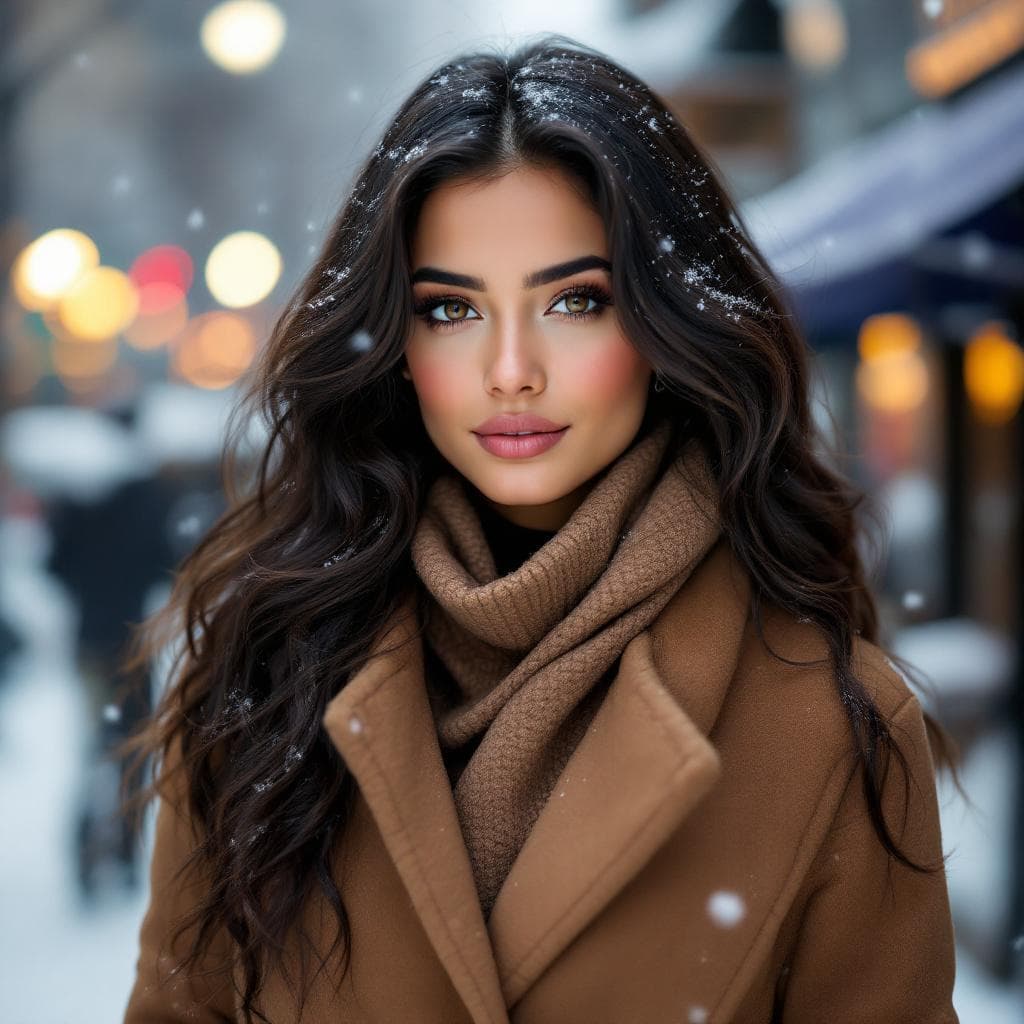 AI generated: professional portrait photograph of a stunning Colombian latina woman in winter clothing, long wavy ...