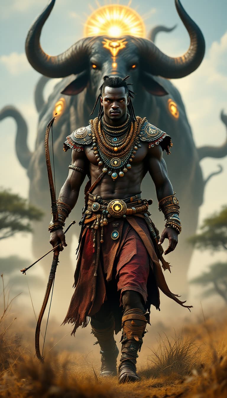 AI generated: An ultra-realistic, wide angle, front facing, full-body portrait of a skilled African Beastmaster, d...