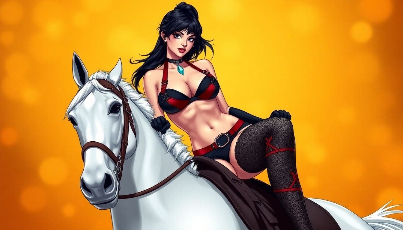 AI generated: a digital illustration of a woman in a provocative pose, riding a white horse. The woman has dark ha...