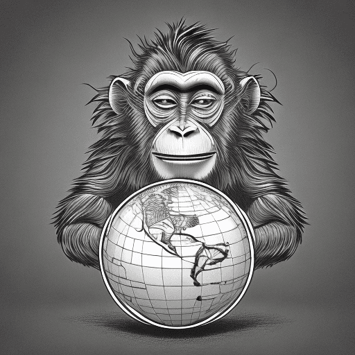 AI generated: a dancing monkey, behind the monkey a globe. The monkey should be drawn with sleek lines and a conte...