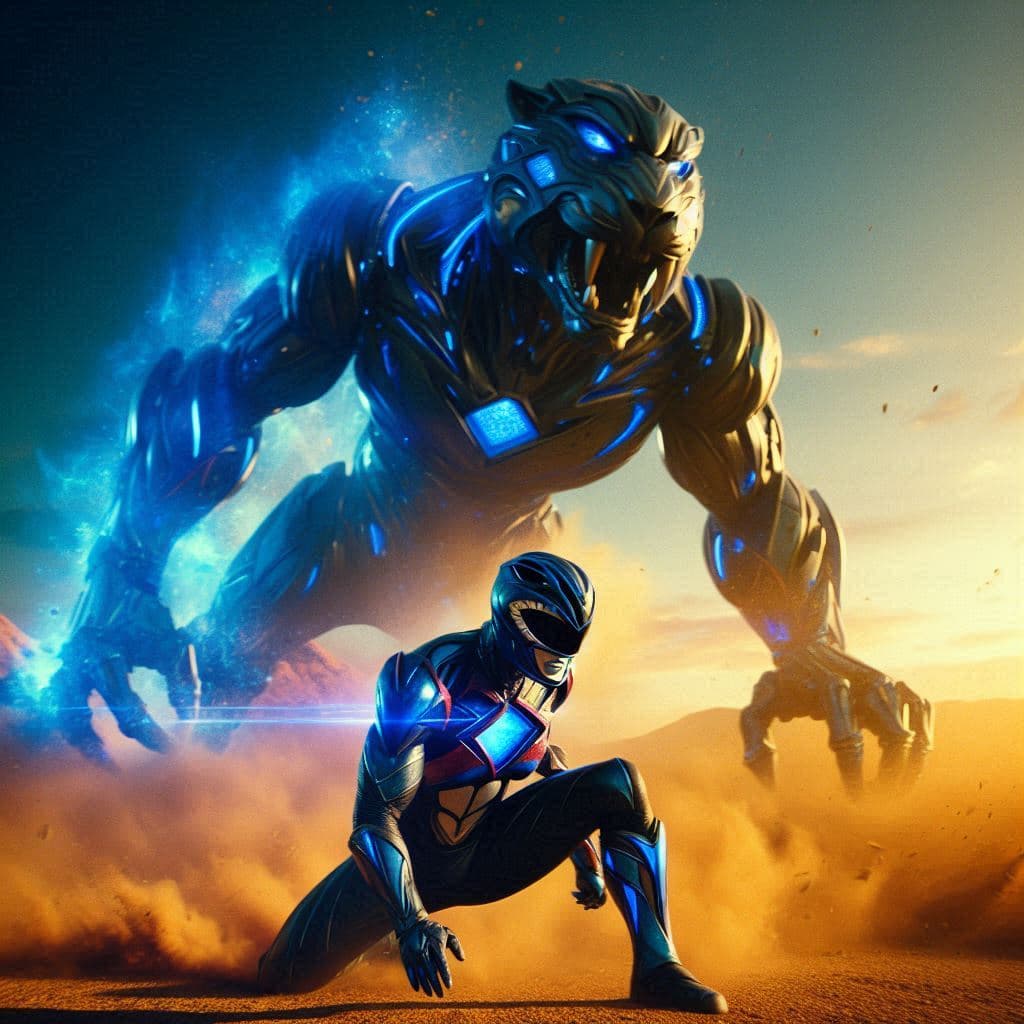 AI generated: cinematic movie scene,of African American Male, as Power Ranger, blue aura around him, his signature...