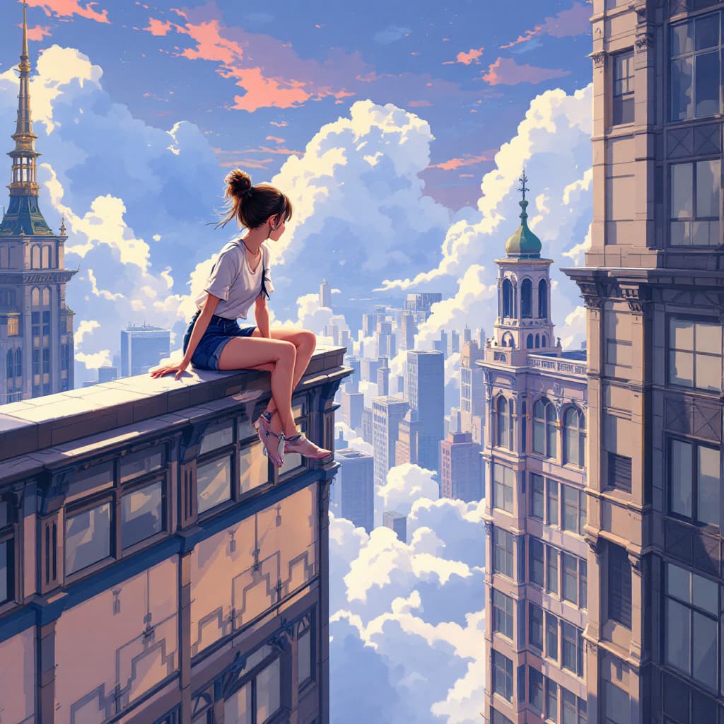 AI generated: a mature girl sitting on the skycrapper and seeing far down to other short building.