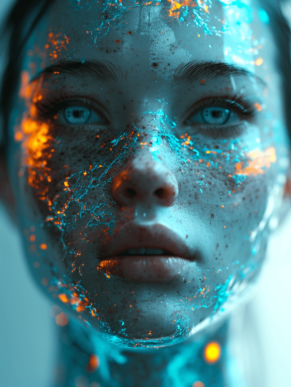 AI generated: portrait of futuristic bionic kyborg woman, front view, symetrical photo, luminescent synthesis, bio...